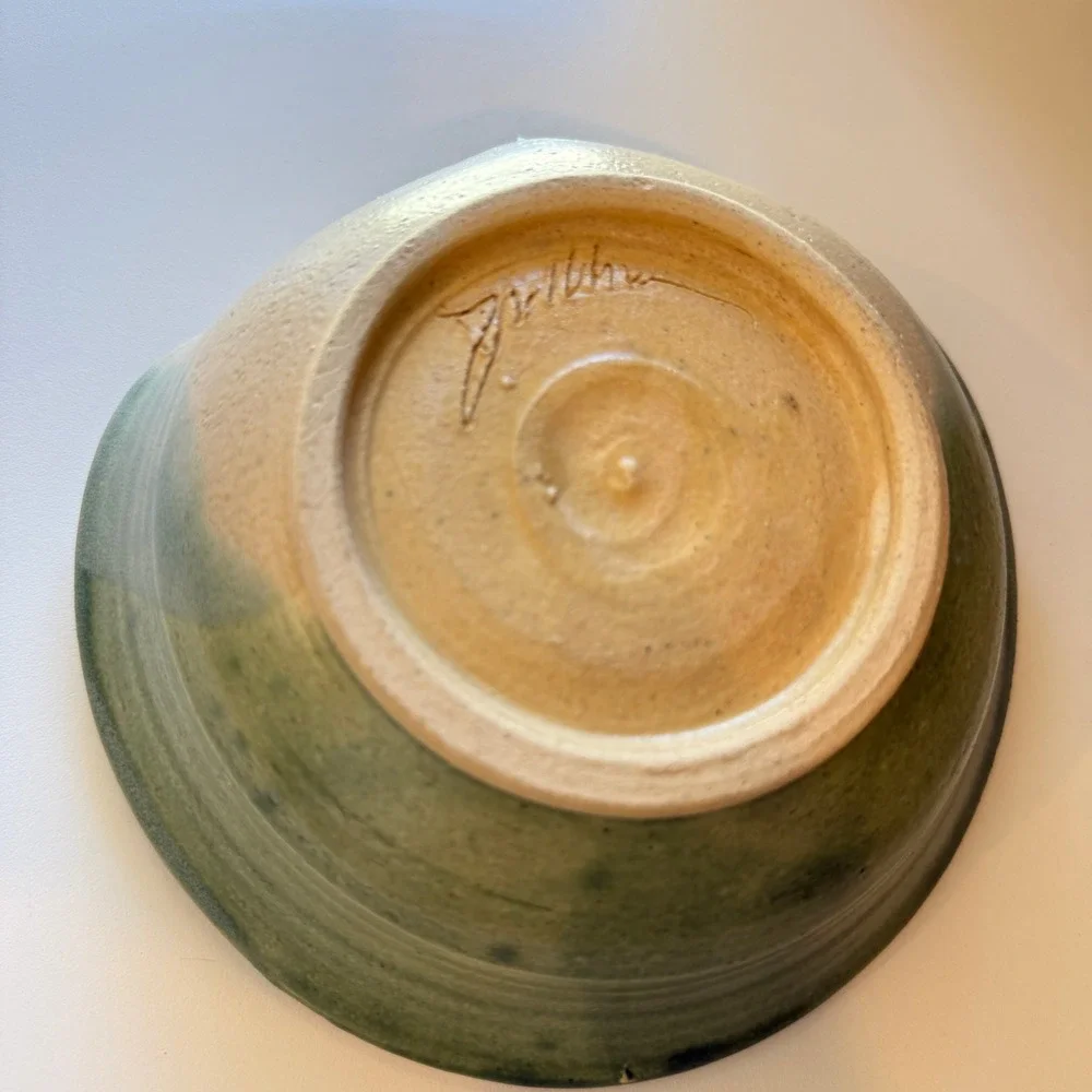 Signed Studio Pottery Handcrafted Green Tan Glazed Organic Folded Rim Bowl